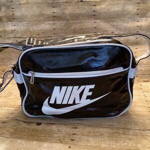Vintage Nike Black Patent Crossbody Bag – White Logo